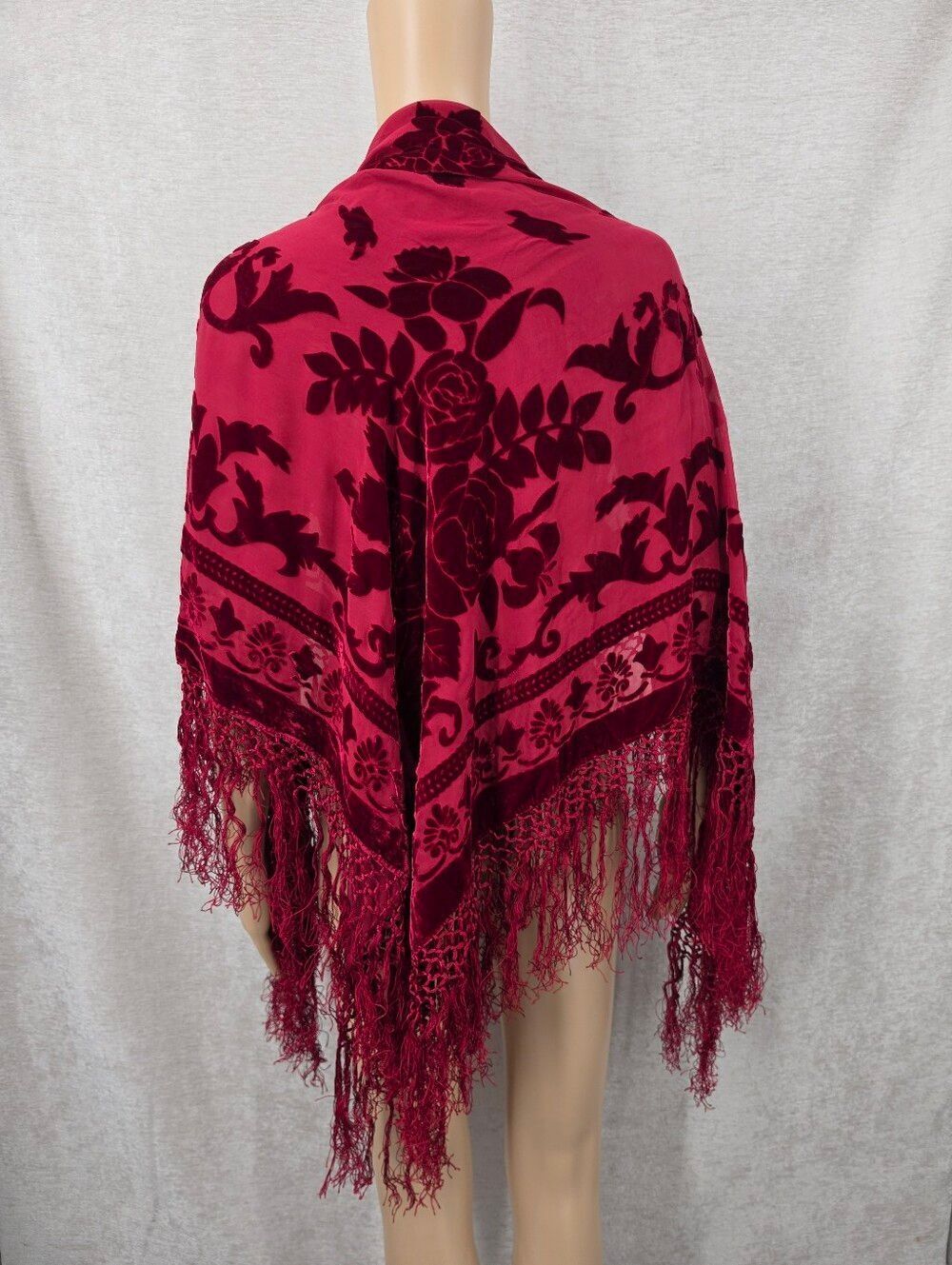 Silk Blend Velvet Burnout Floral Fringe Shawl Scarf Deep Burgundy Red Square